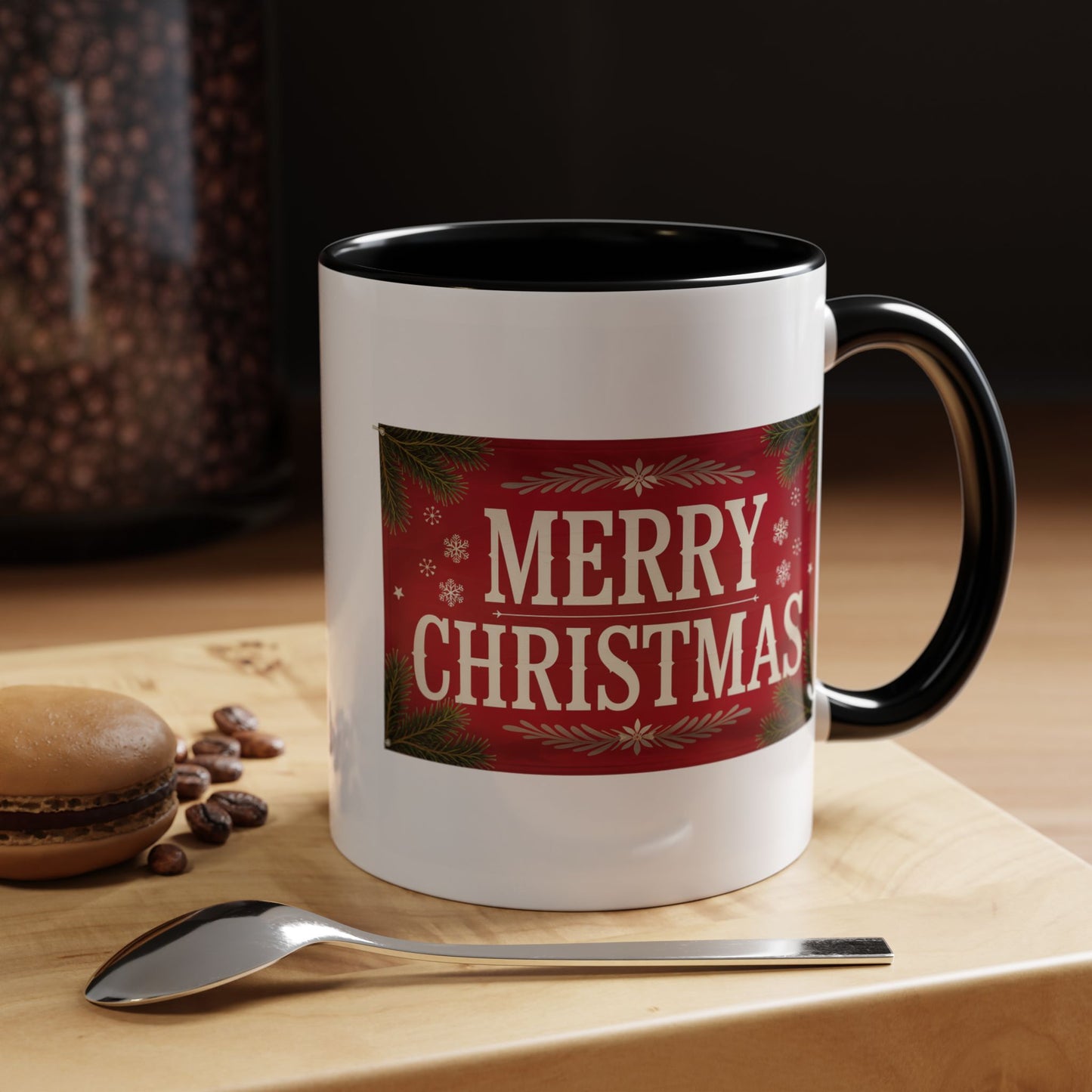 Christmas Mug - Merry Christmas Cream Text Maroon Background