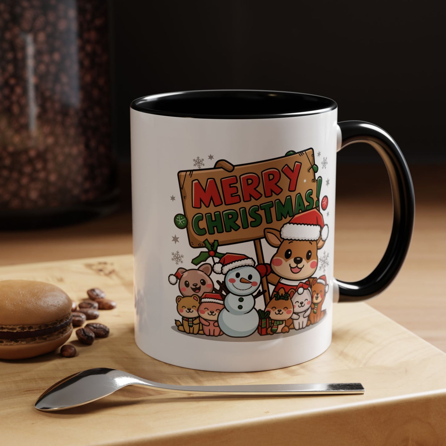 Christmas Mug - Merry Christmas Red & Green Text Reindeer Snowman
