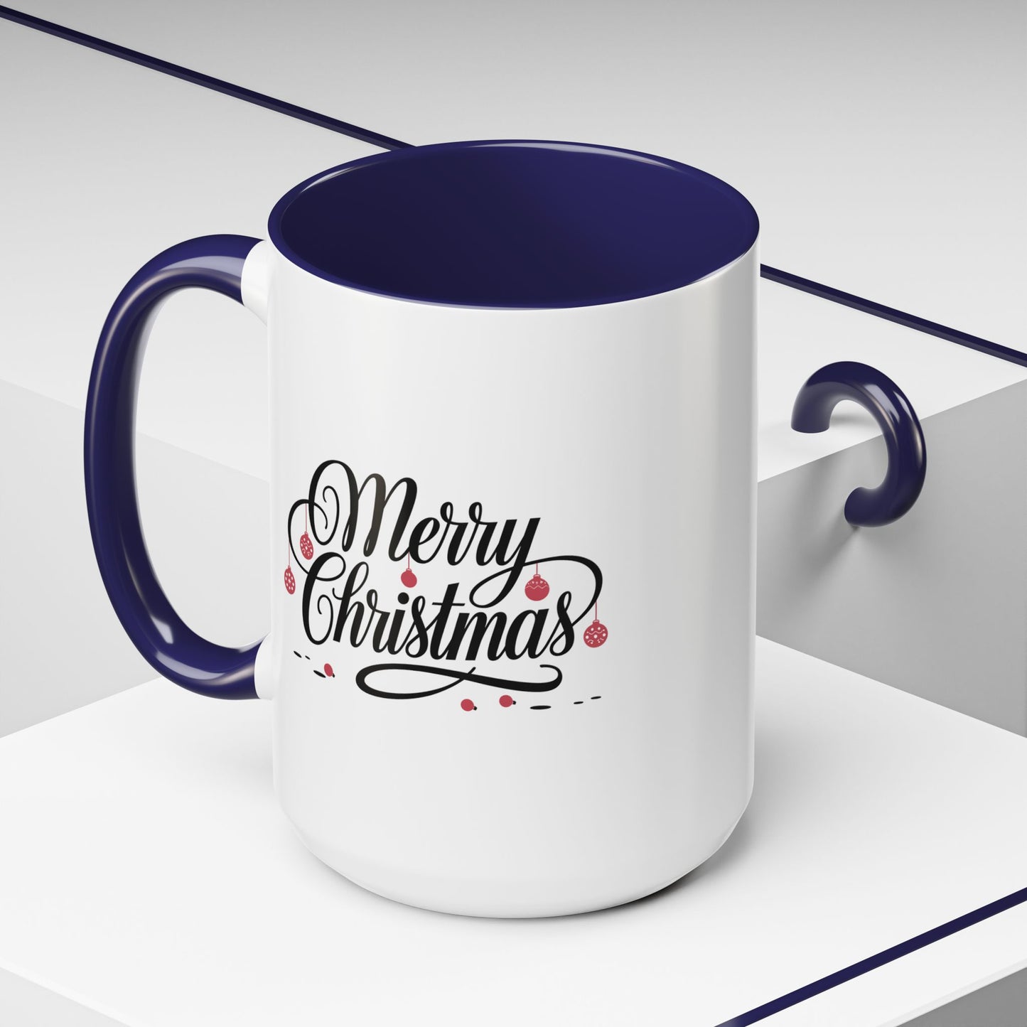 Christmas Mug - Merry Christmas Black Text Red Ornaments