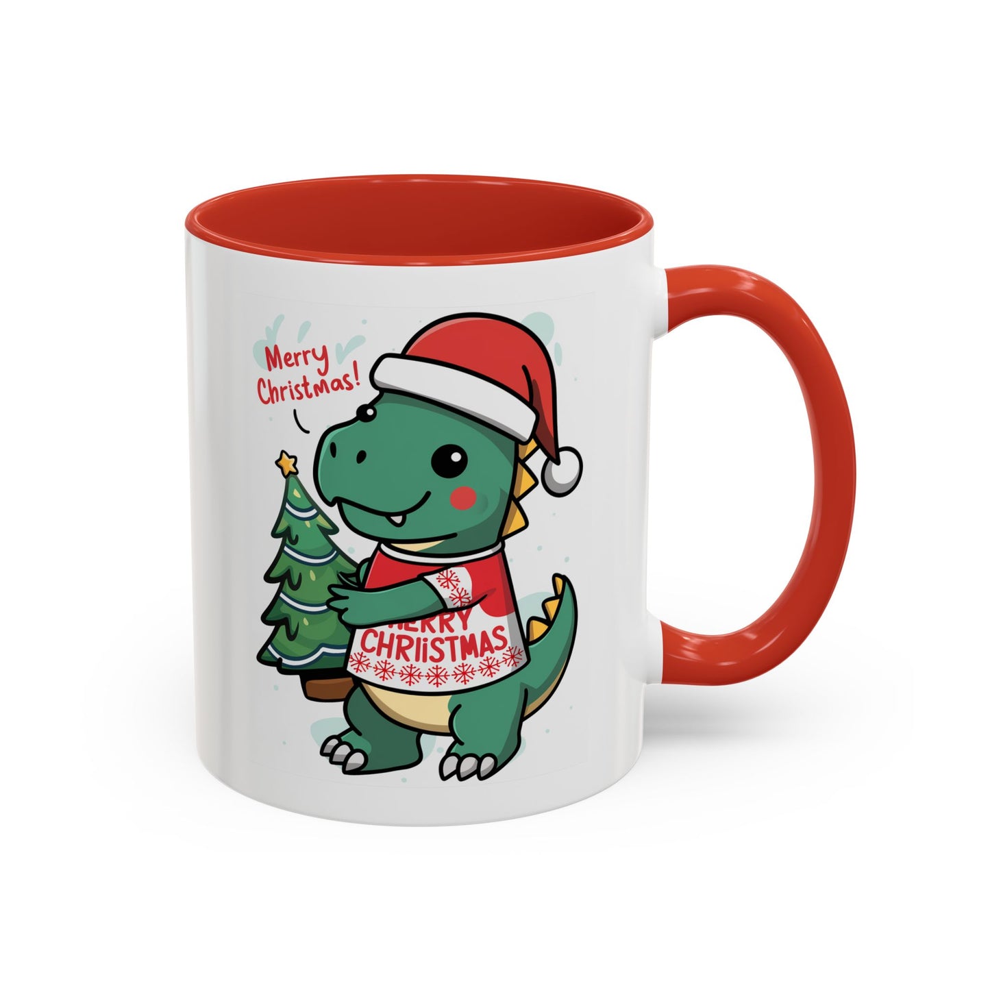 Christmas Mug - Merry Christmas Red Text Dinosaur Tree