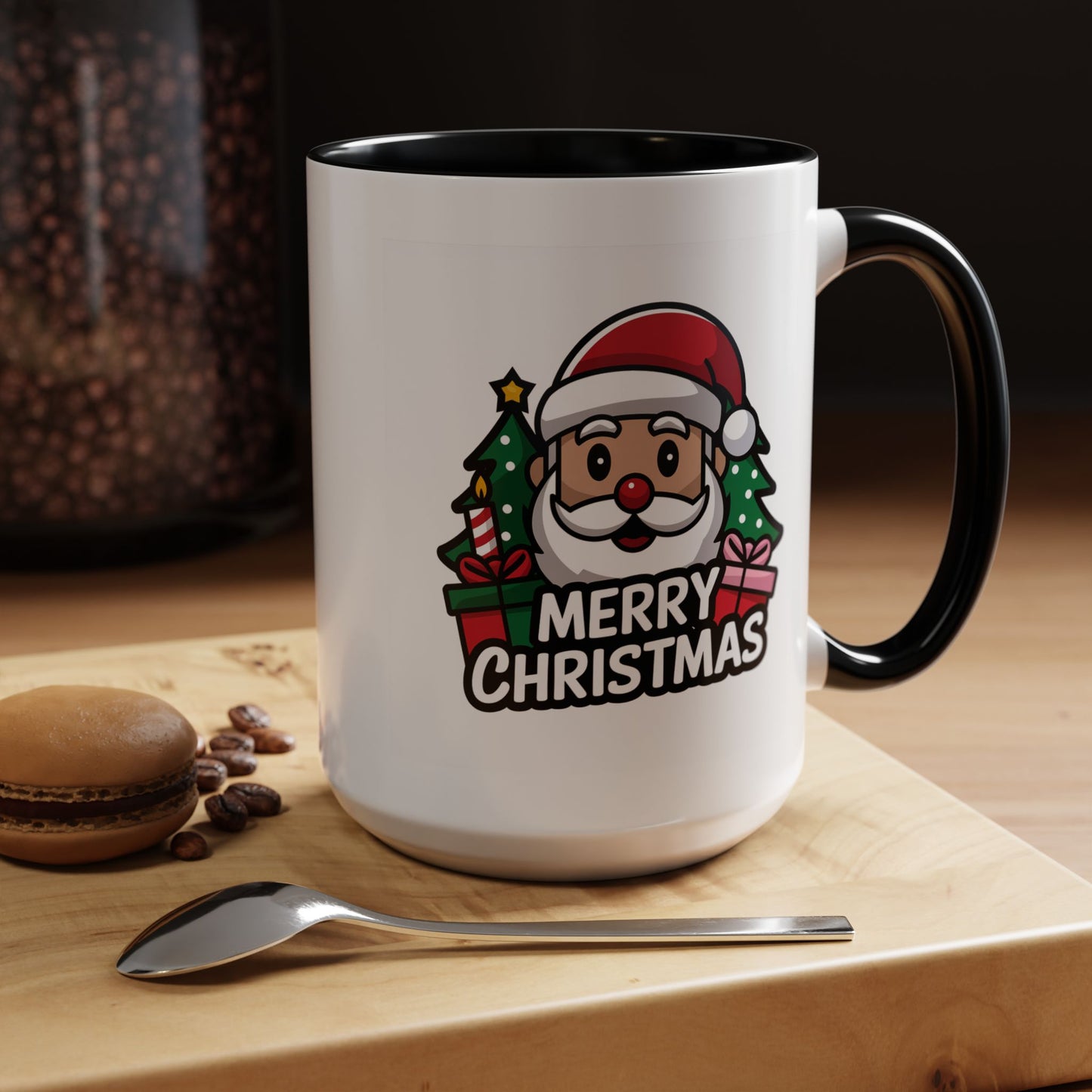 Christmas Mug - Merry Christmas White & Black Text Santa Trees Presents