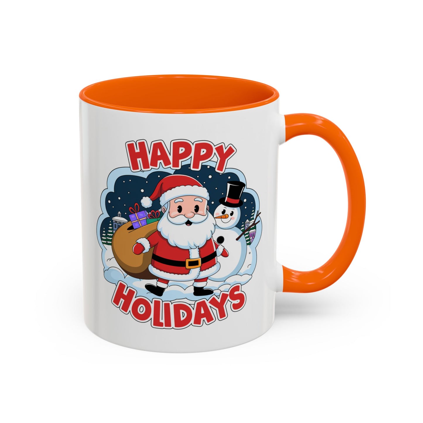 Christmas Mug - Happy Holidays Red & White Text Santa Snowman
