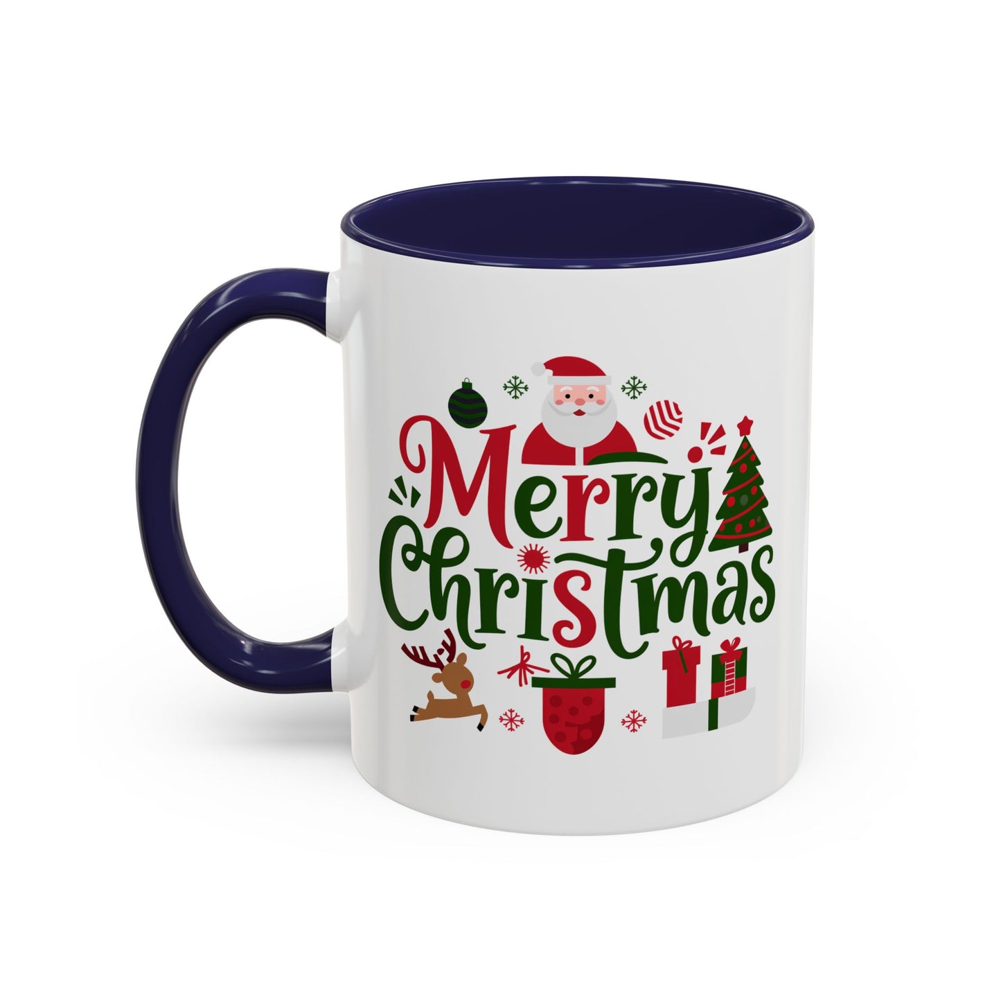 Christmas Mug - Merry Christmas Red & Green Text Santa Reindeer Tree Sleigh Ornaments