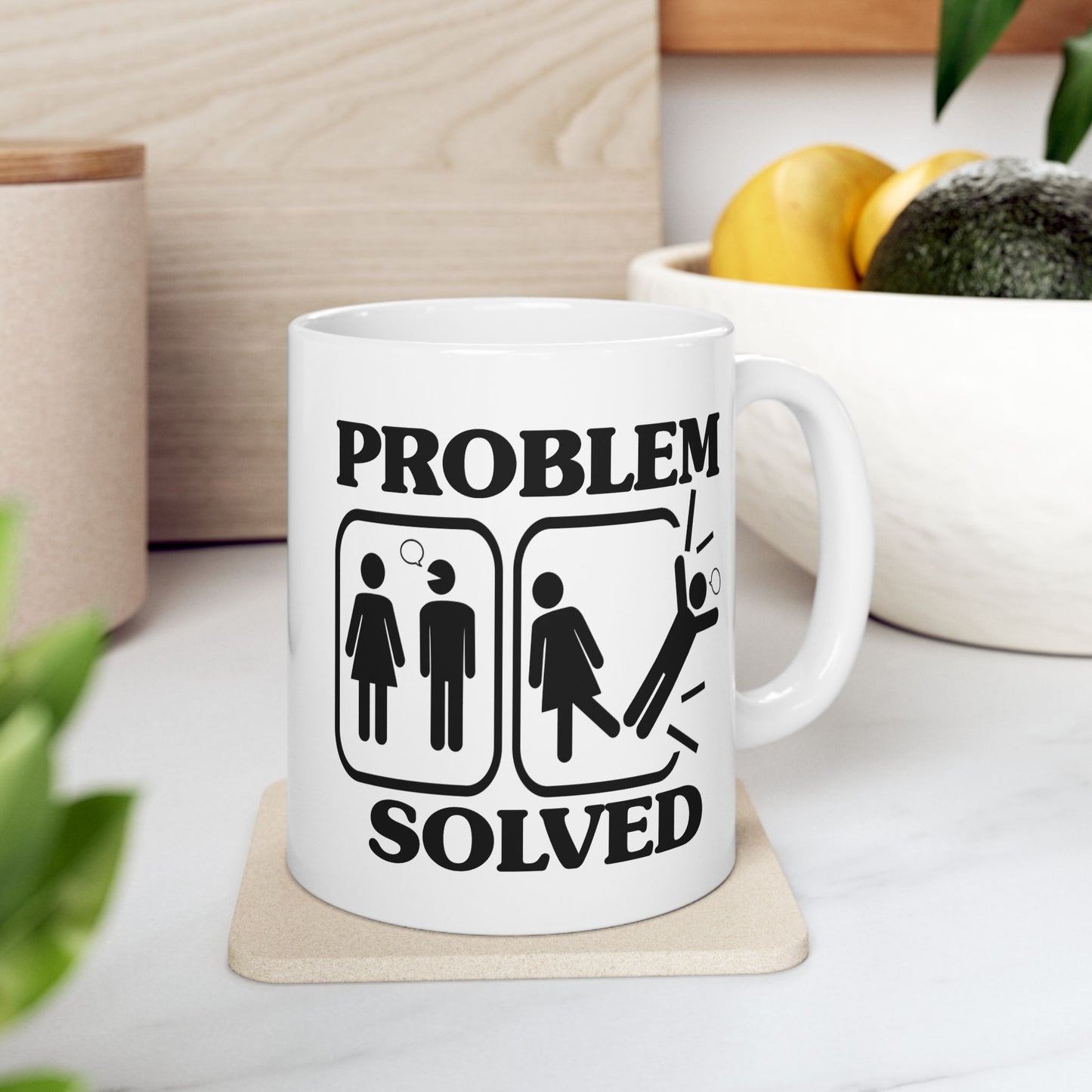 Humor Mug - Problem Solved - Girl Kicks Boy