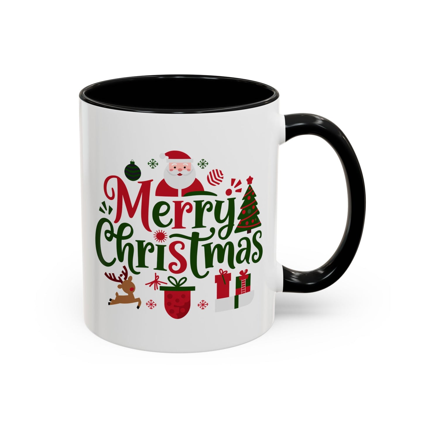 Christmas Mug - Merry Christmas Red & Green Text Santa Reindeer Tree Sleigh Ornaments