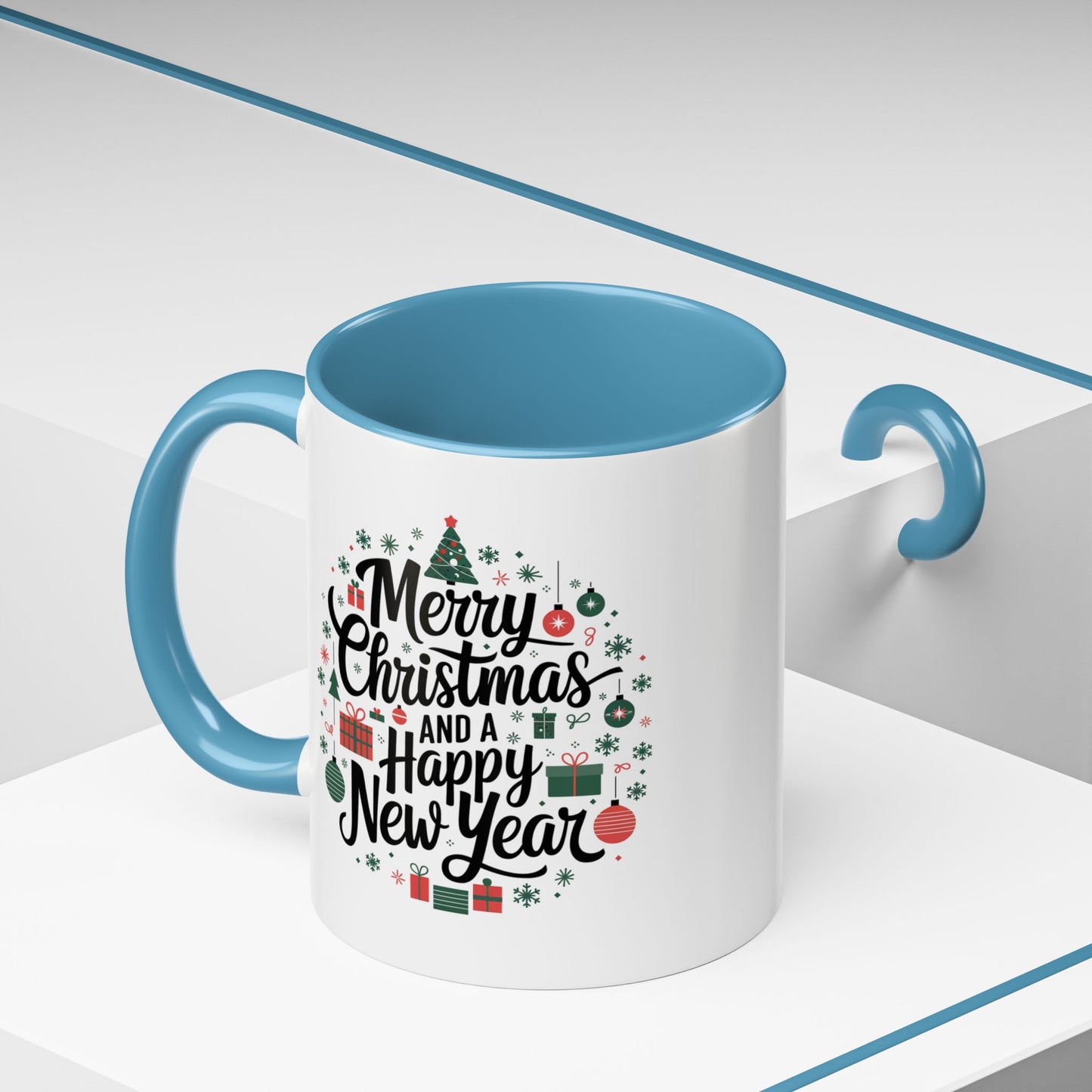 Christmas Mug - Merry Christmas and a Happy New Year Black Text Tree Ornaments Presents