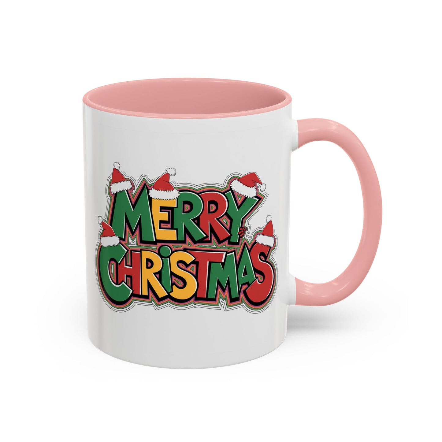 Christmas Mug - Merry Christmas Green Yellow & Red Text Hats