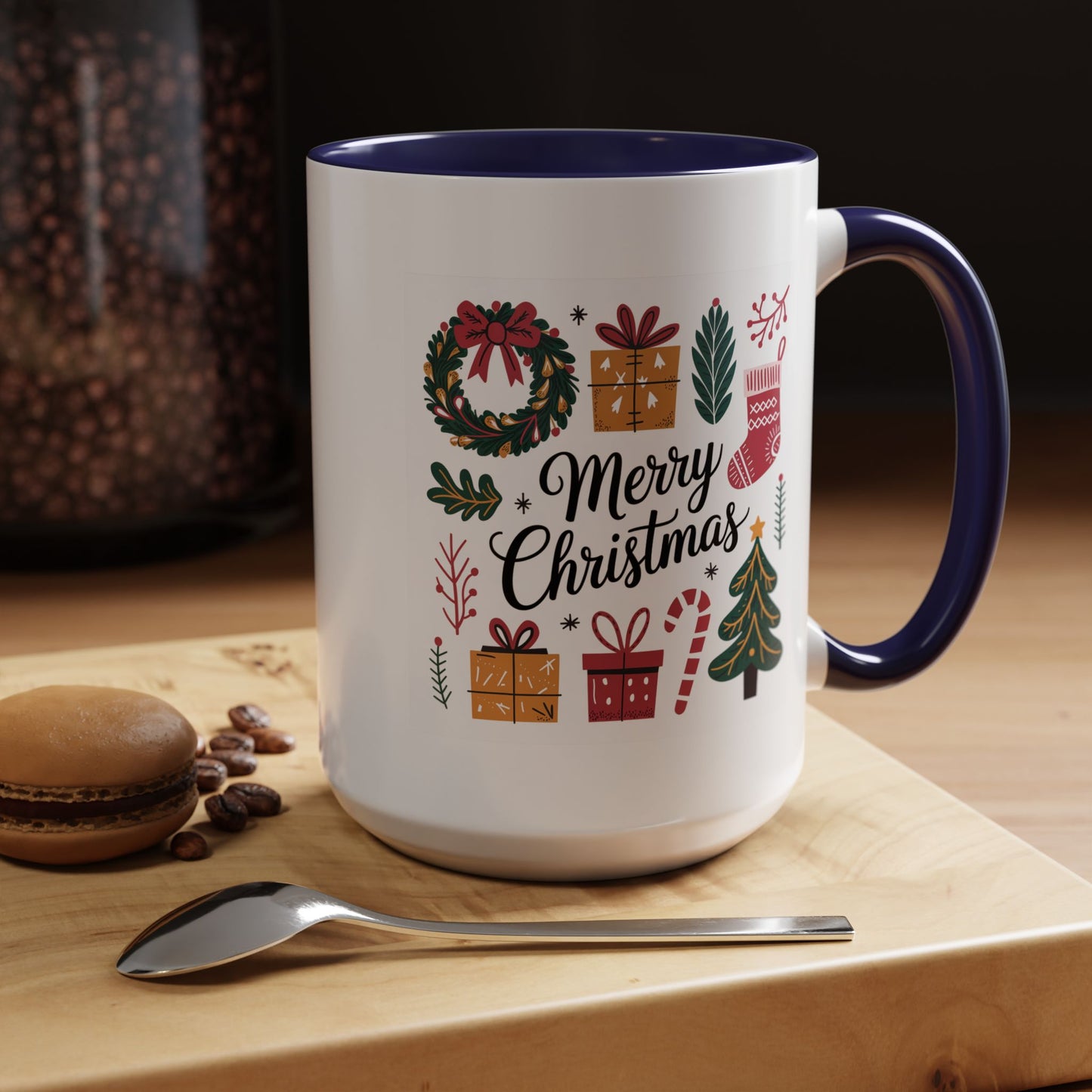 Christmas Mug - Merry Christmas Green Text Presents Tree Candy Cane