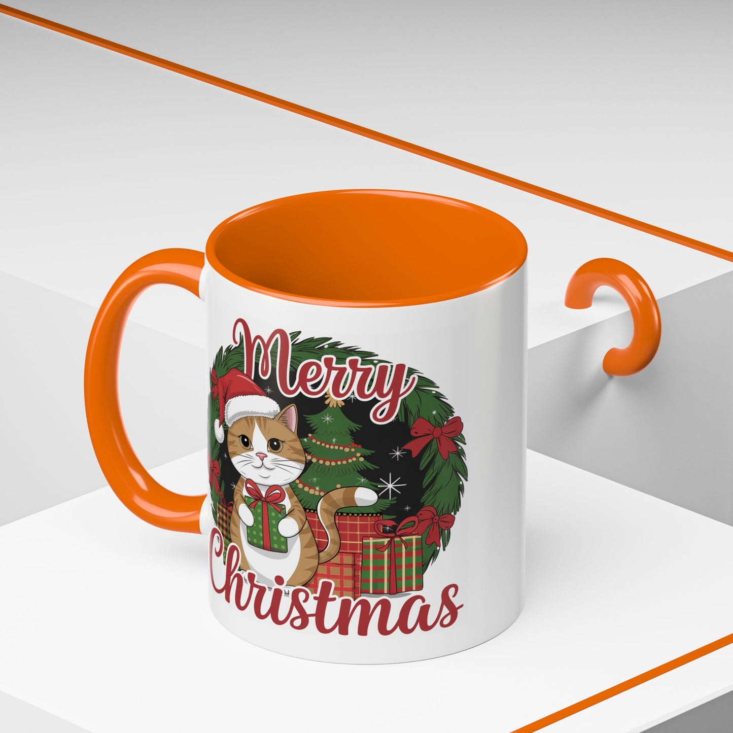 Christmas Mug - Merry Christmas Red Text Cat Presents Wreath