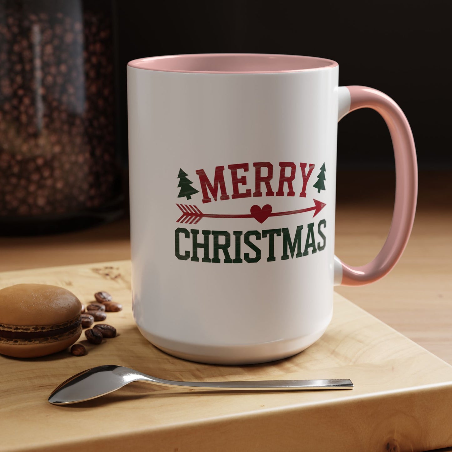 Christmas Mug - Merry Christmas Red & Green Text Heart Arrow Trees