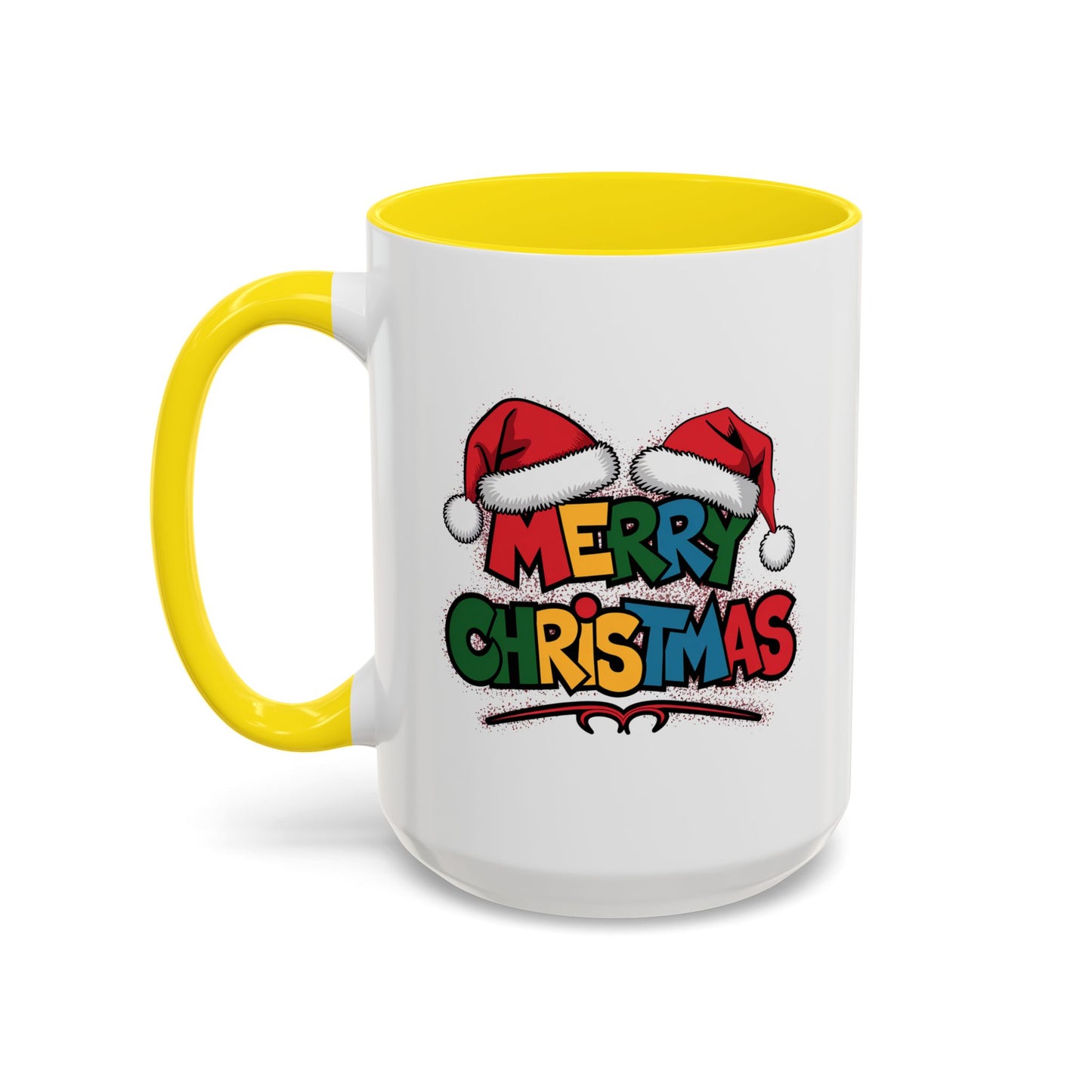 Christmas Mug - Merry Christmas Red Yellow & Blue Text Red Hats