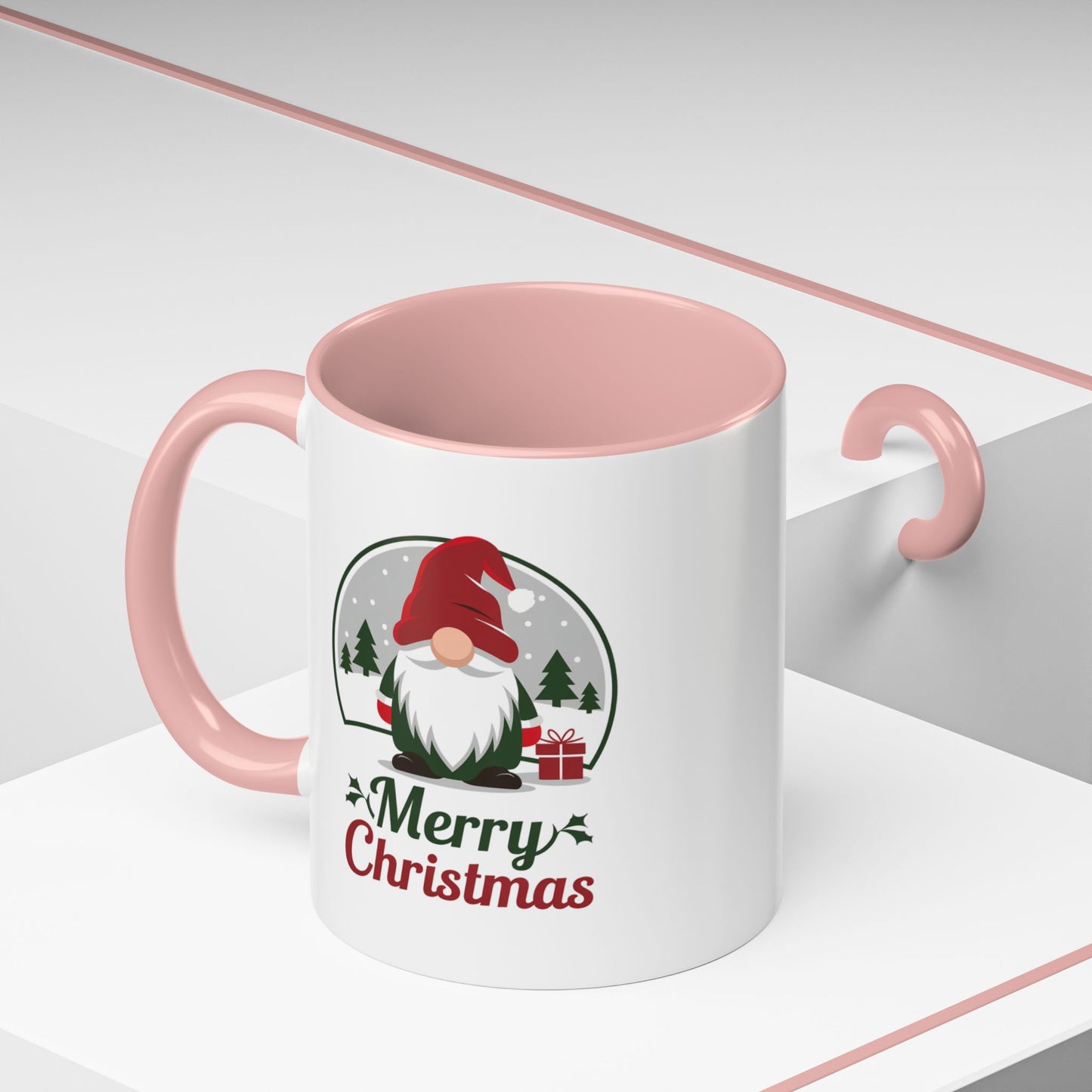 Christmas Mug - Merry Christmas Green & Red Text Gnome Present Trees