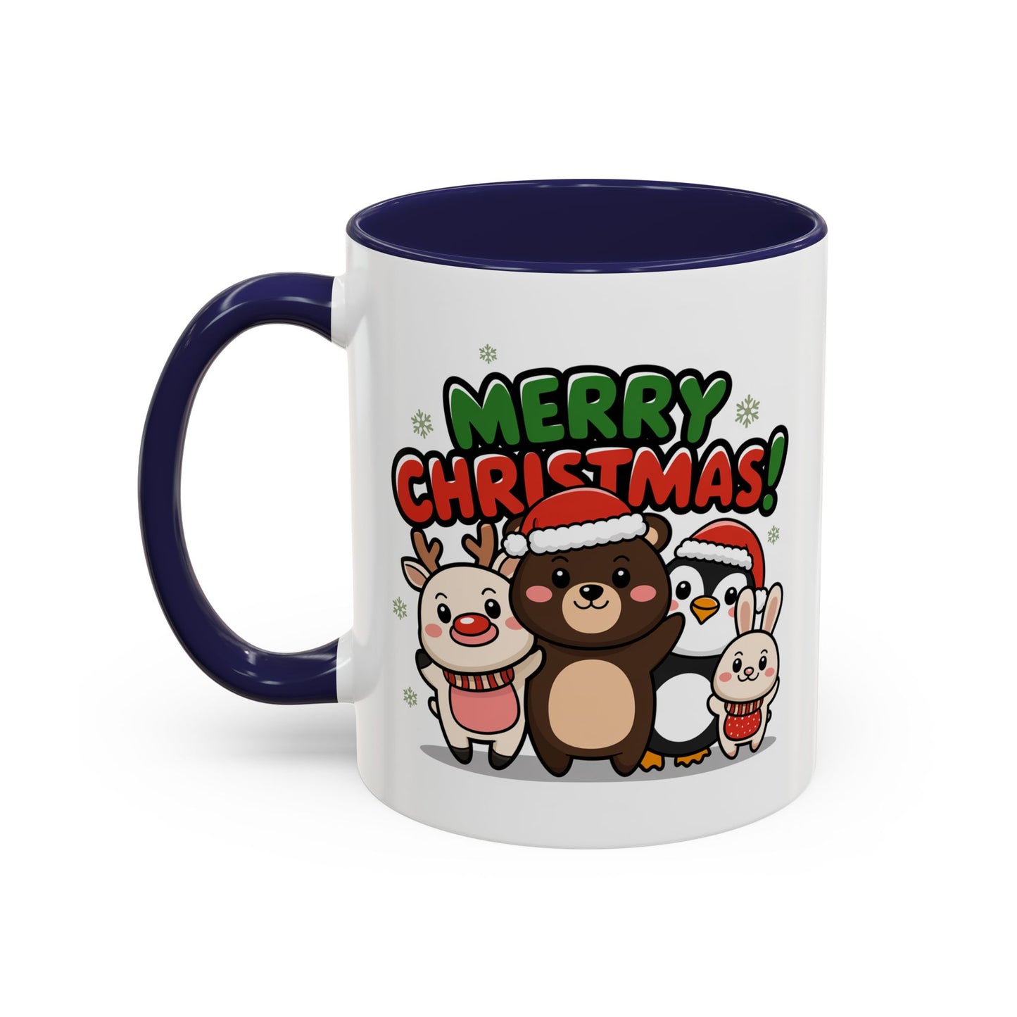 Christmas Mug - Merry Christmas Green & Red Text Cute Animals