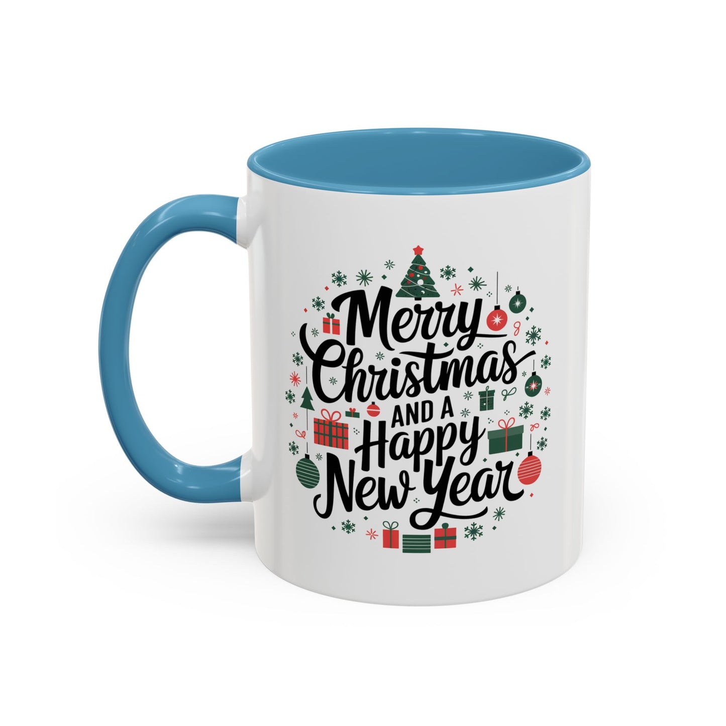 Christmas Mug - Merry Christmas and a Happy New Year Black Text Tree Ornaments Presents