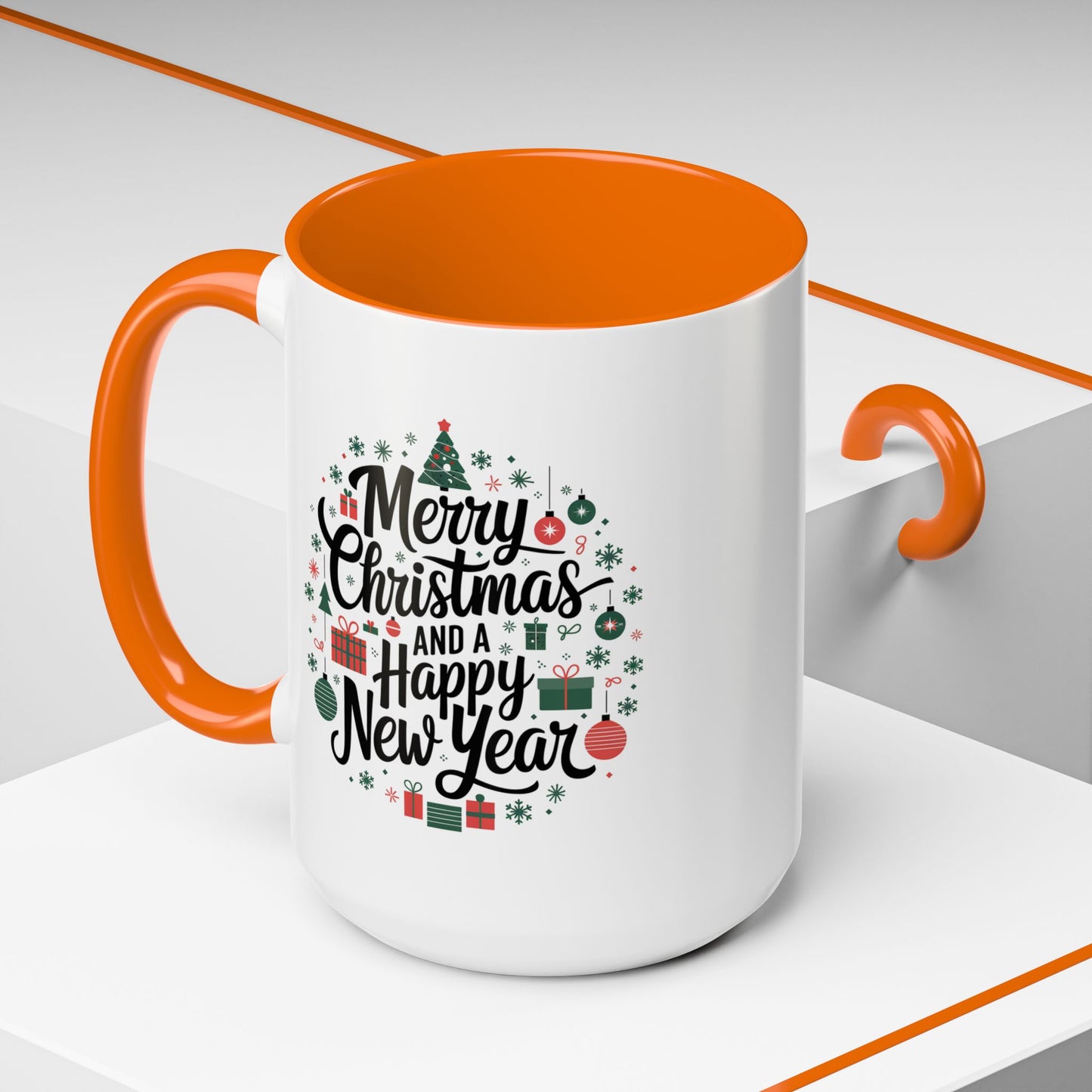 Christmas Mug - Merry Christmas and a Happy New Year Black Text Tree Ornaments Presents